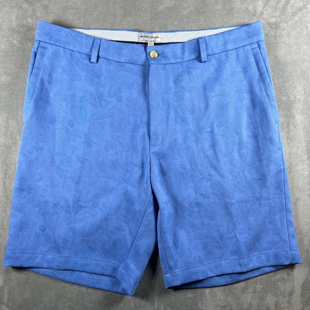 Peter Millar Mens Blue Floral Jacquard Performance Golf Shorts Size 35